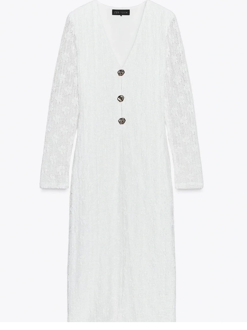 NWT Zara White Lace V-Neck Midi Dress with Gold Buttons